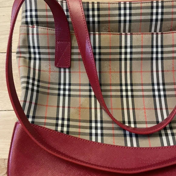 Vintage Burberrys Nova Check Tote Red Leather Trim - Picture 2 of 11